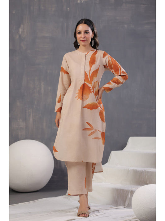 Cream Artsy Print Women High-Low Kurta Set