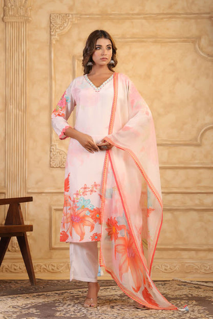 Cream Floral Print Women Kurta Set