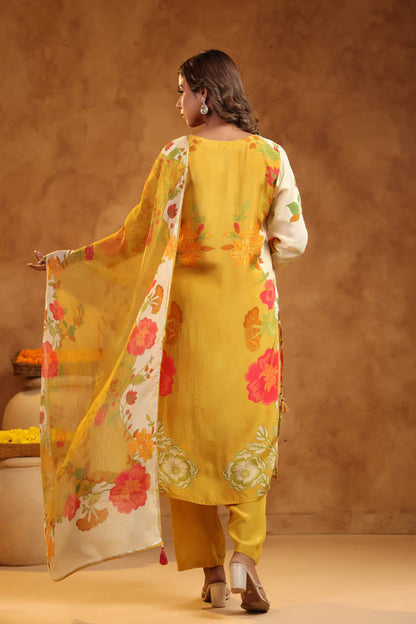 Mustard Floral Print Women Kurta Set