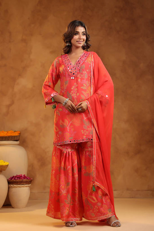 Peach Floral Pint Women Sharara Set