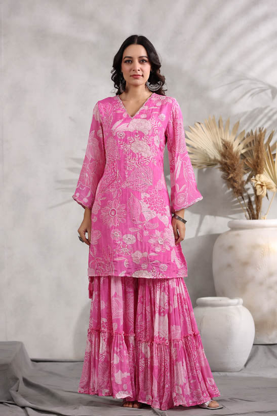 Pink Floral Pint Women Sharara Set