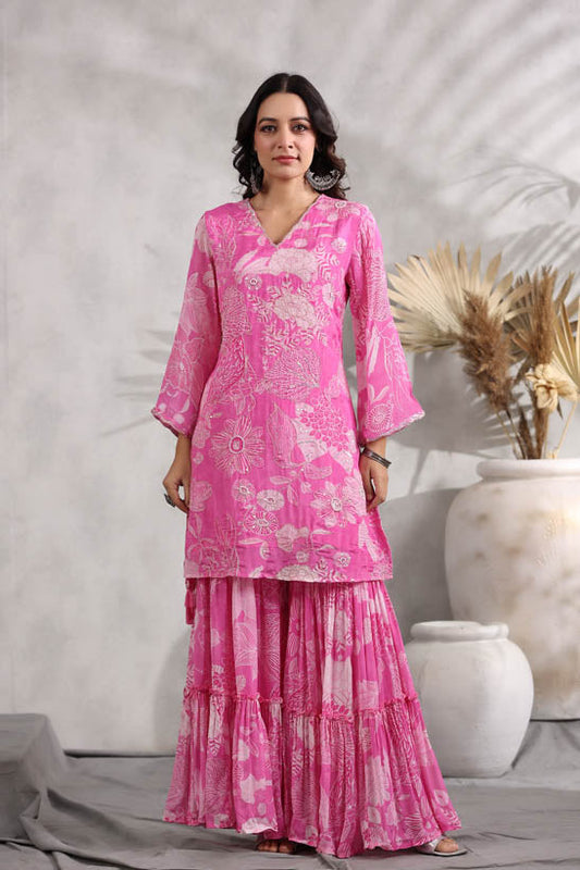 Pink Floral Pint Women Sharara Set
