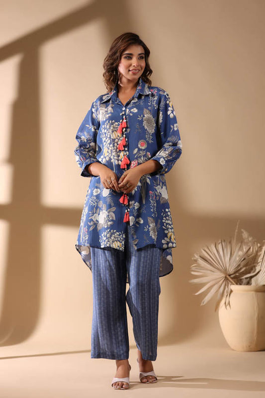 Blue Floral Print High-Low Women Co-Ord Set