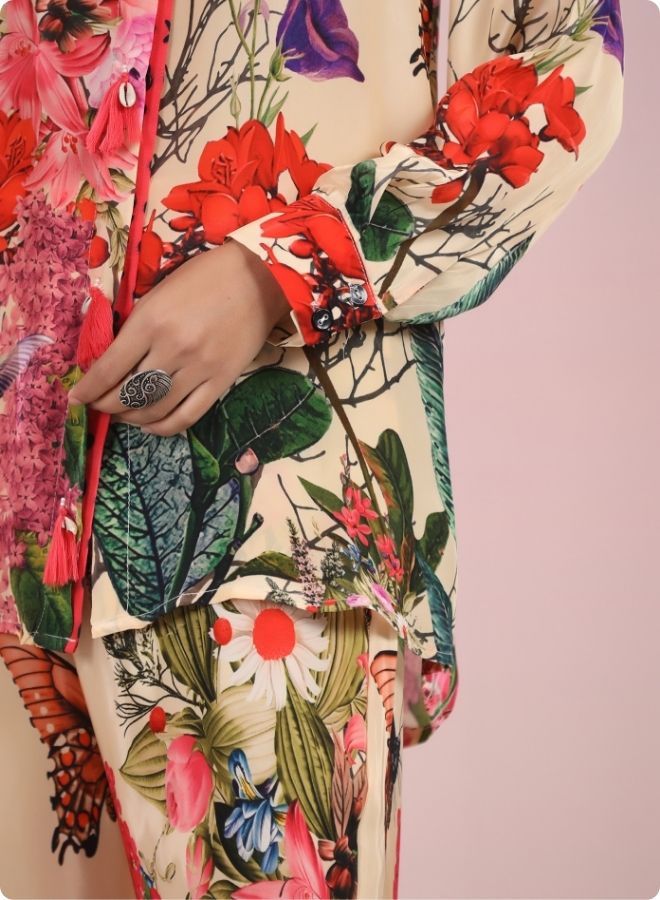 Peach Floral Printed Long Kurta Set