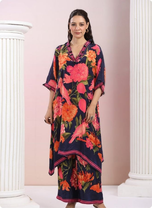 Navy Blue Floral Anarkali Kurta Set