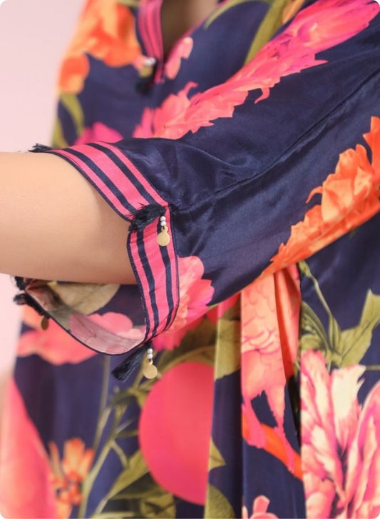 Navy Blue Floral Anarkali Kurta Set