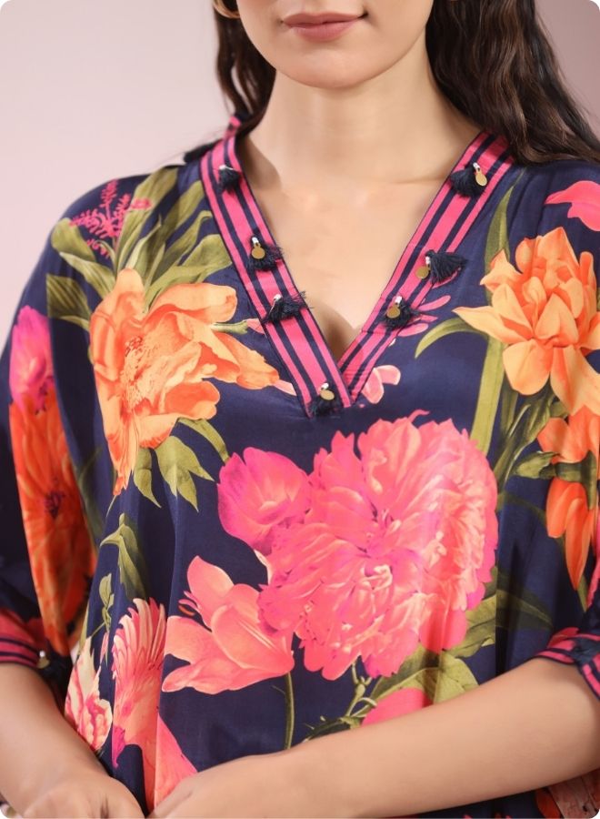 Navy Blue Floral Anarkali Kurta Set