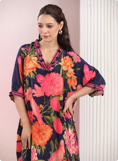 Navy Blue Floral Anarkali Kurta Set