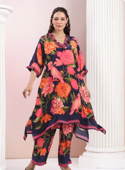 Navy Blue Floral Anarkali Kurta Set
