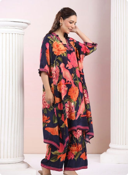Navy Blue Floral Anarkali Kurta Set