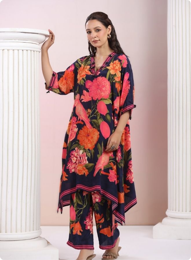 Navy Blue Floral Anarkali Kurta Set