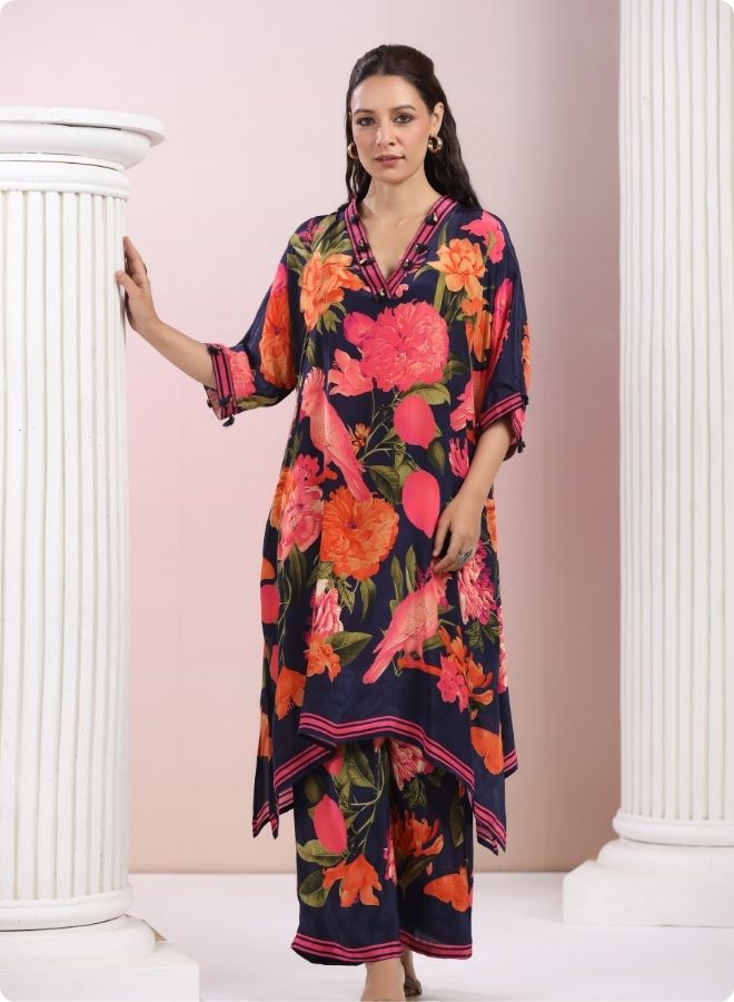 Navy Blue Floral Anarkali Kurta Set