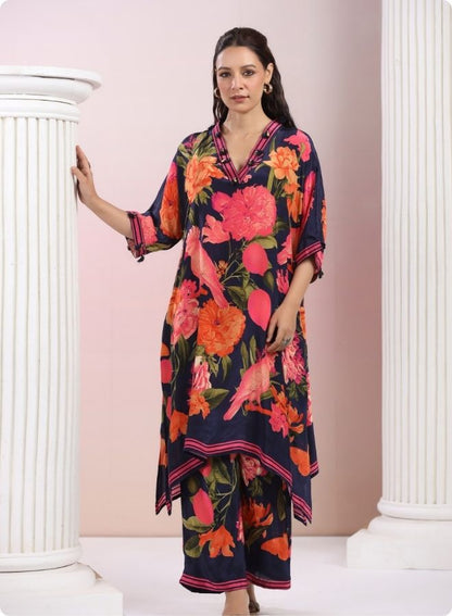 Navy Blue Floral Anarkali Kurta Set