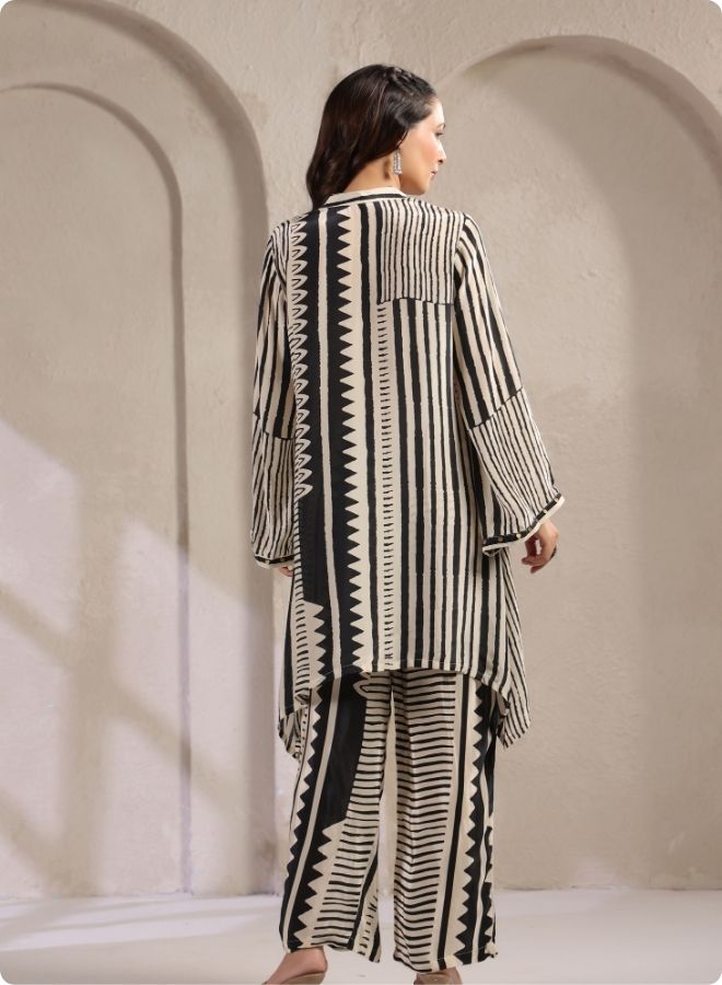 Black White Stripe Flared Kurta Set