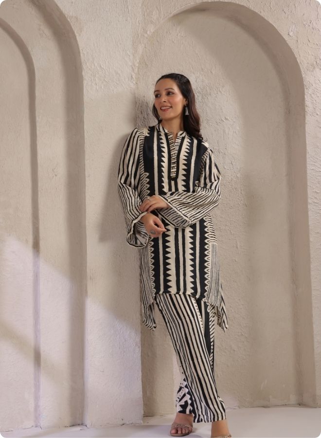 Black White Stripe Flared Kurta Set