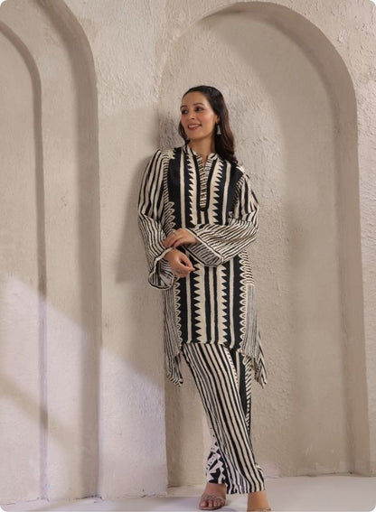 Black White Stripe Flared Kurta Set