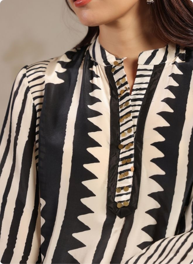 Black White Stripe Flared Kurta Set