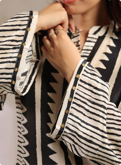 Black White Stripe Flared Kurta Set