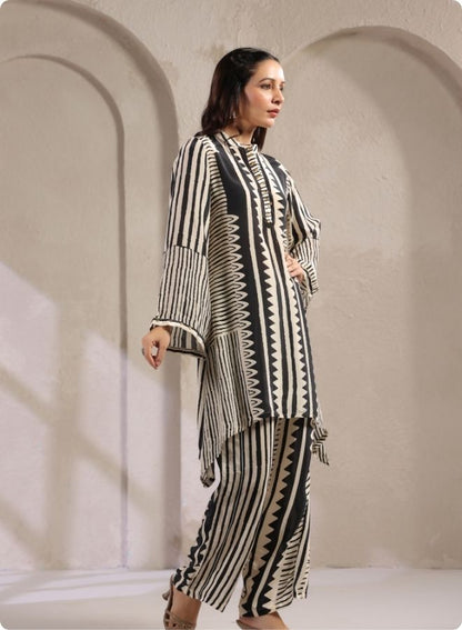 Black White Stripe Flared Kurta Set