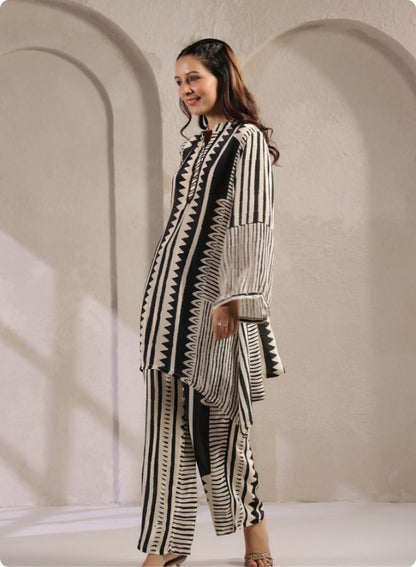 Black White Stripe Flared Kurta Set