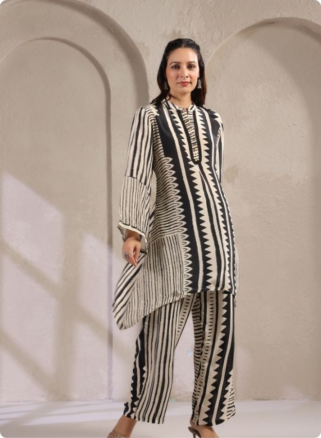 Black White Stripe Flared Kurta Set
