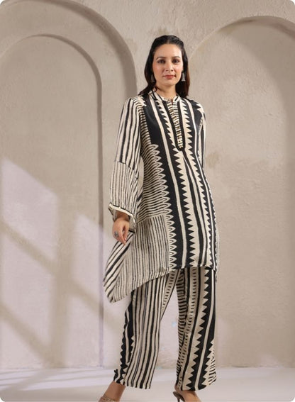 Black White Stripe Flared Kurta Set
