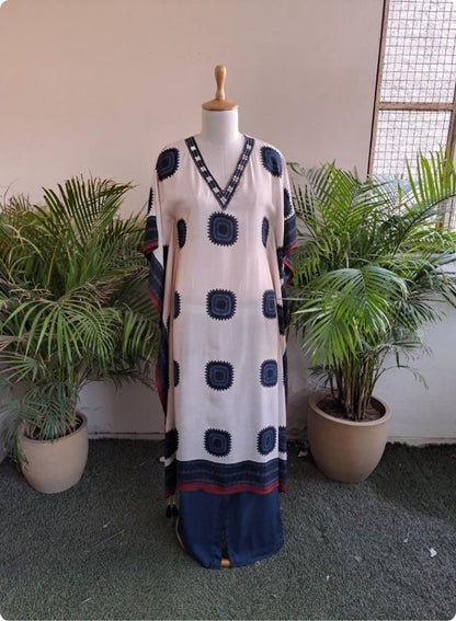 Off White Geometric Print Kaftan Kurta