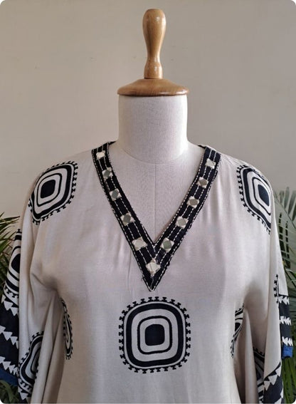 Off White Geometric Kaftan Kurta with Pants