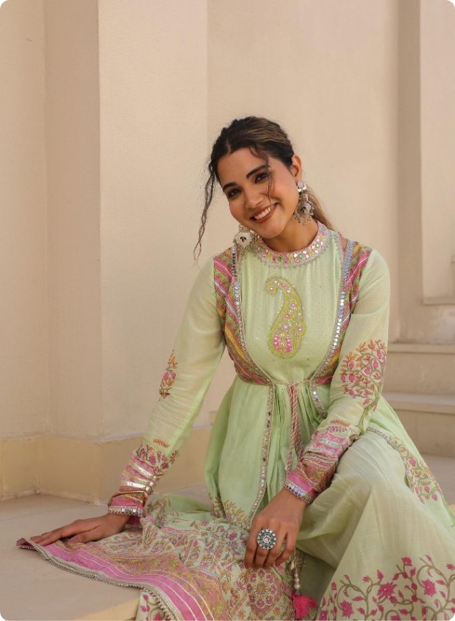 Green Floral Embroidered Anarkali Jacket Set