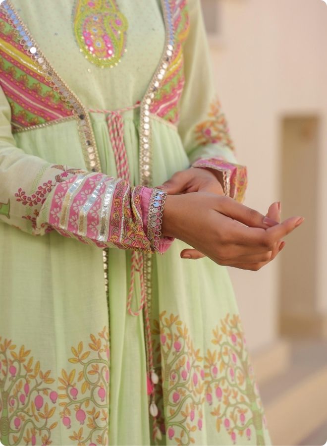 Green Floral Embroidered Anarkali Jacket Set