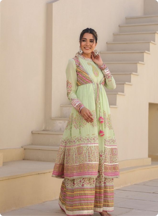 Green Floral Embroidered Anarkali Jacket Set