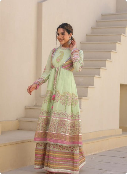 Green Floral Embroidered Anarkali Jacket Set