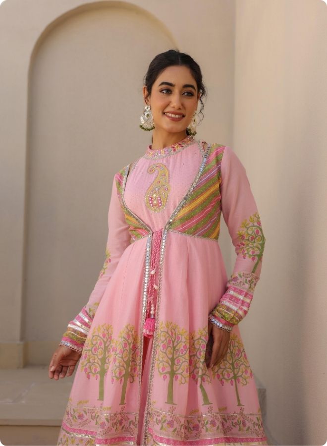 Pink Floral Embroidered Anarkali Jacket Set