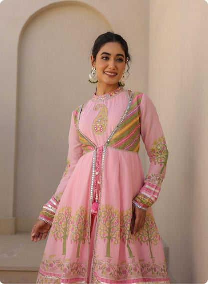Pink Floral Embroidered Anarkali Jacket Set
