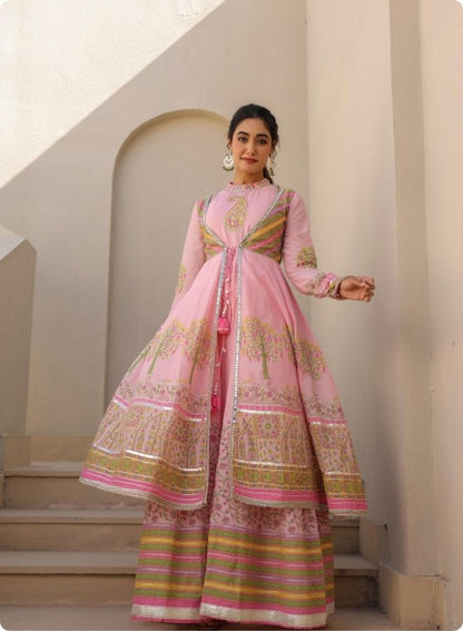 Pink Floral Embroidered Anarkali Jacket Set
