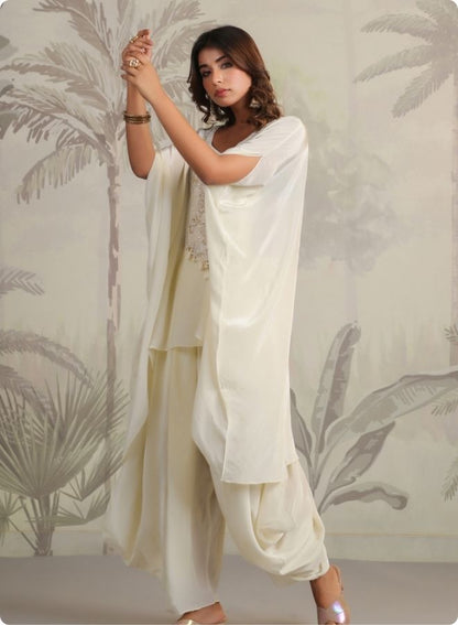 Cream Embroidered Cape Sleeve Kurta Set
