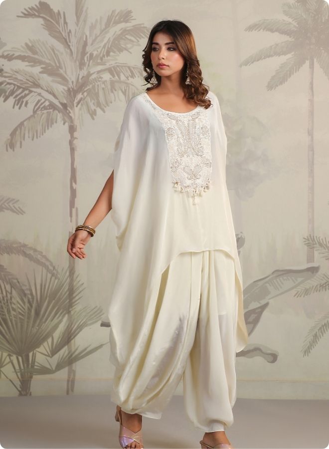 Cream Embroidered Cape Sleeve Kurta Set