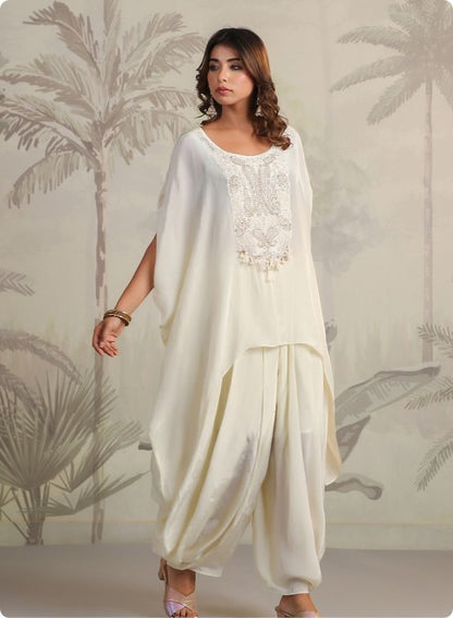 Cream Embroidered Cape Sleeve Kurta Set