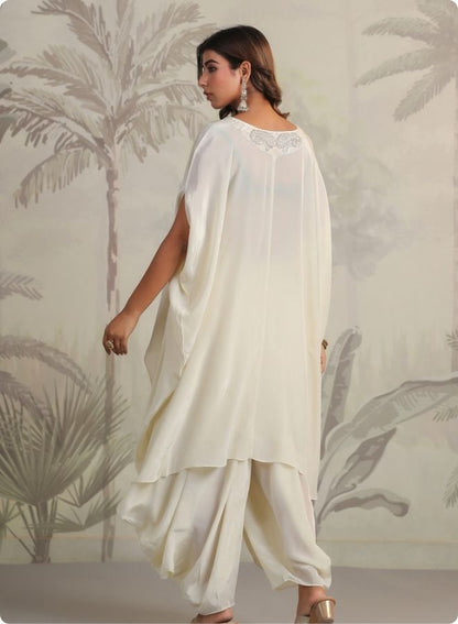 Cream Embroidered Cape Sleeve Kurta Set