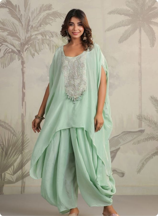 Mint Green Embroidered Cape Sleeve Kurta Set