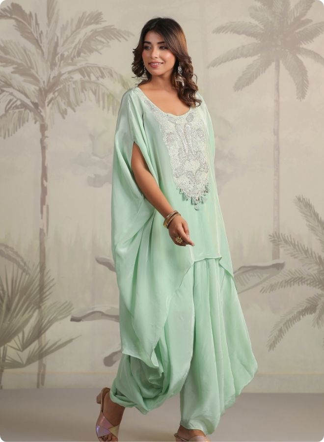 Mint Green Embroidered Cape Sleeve Kurta Set