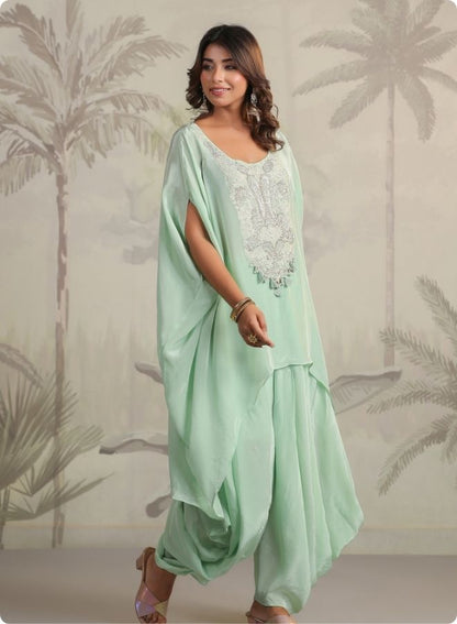 Mint Green Embroidered Cape Sleeve Kurta Set