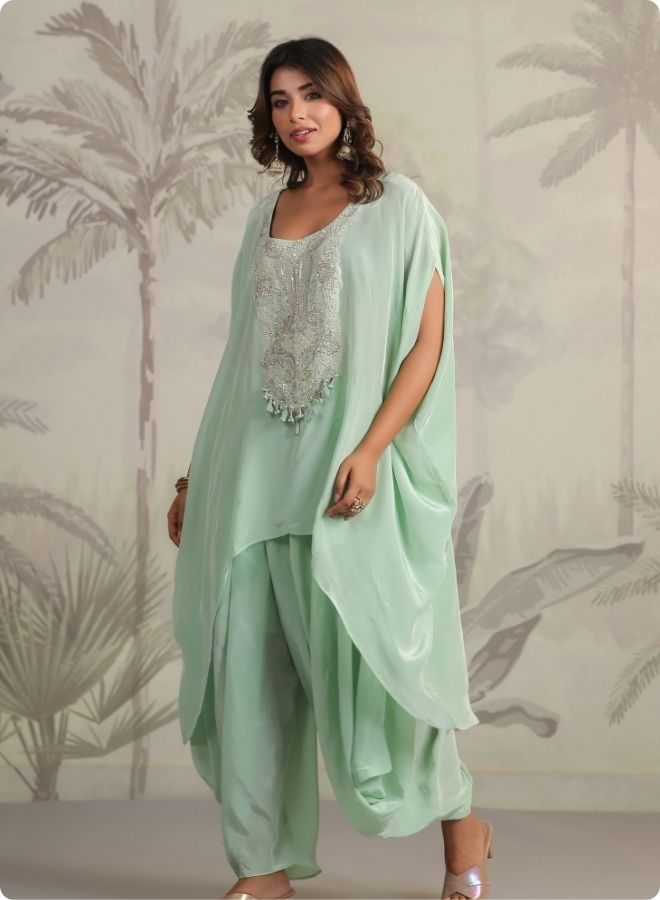 Mint Green Embroidered Cape Sleeve Kurta Set