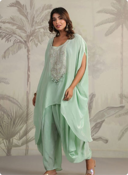 Mint Green Embroidered Cape Sleeve Kurta Set
