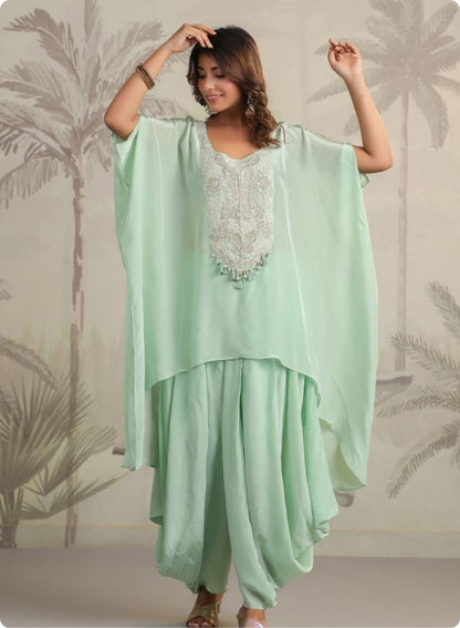 Mint Green Embroidered Cape Sleeve Kurta Set