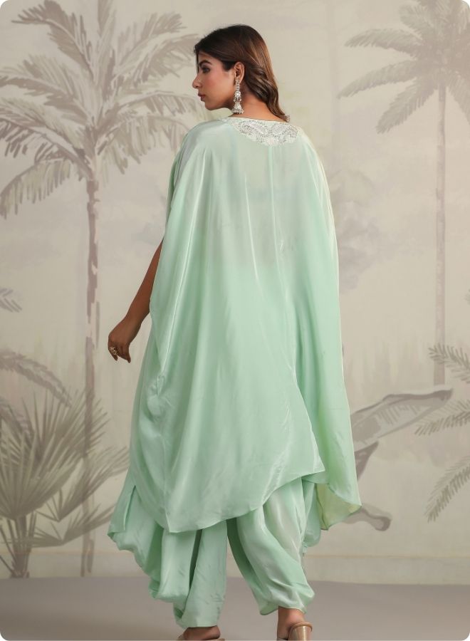 Mint Green Embroidered Cape Sleeve Kurta Set