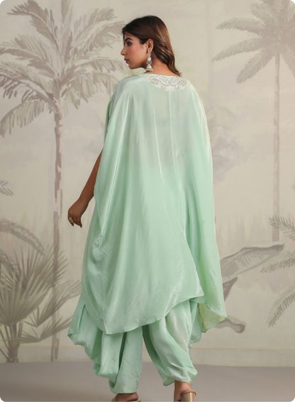 Mint Green Embroidered Cape Sleeve Kurta Set