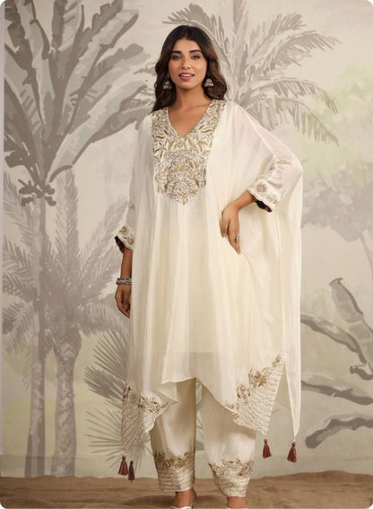 Cream Embroidered Flared Kurta Set