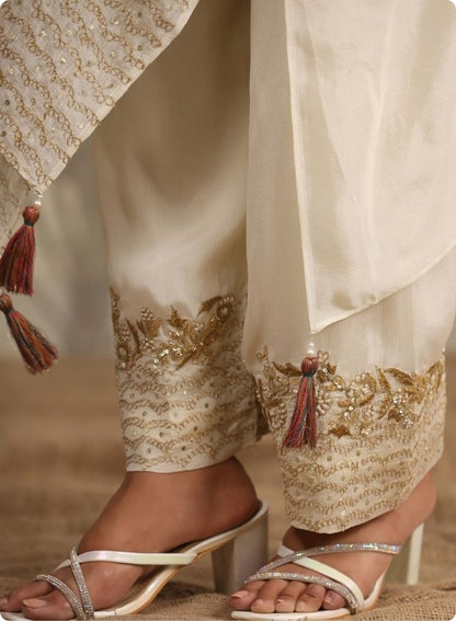 Cream Embroidered Flared Kurta Set