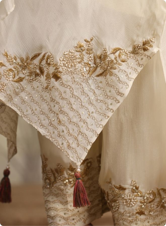 Cream Embroidered Flared Kurta Set